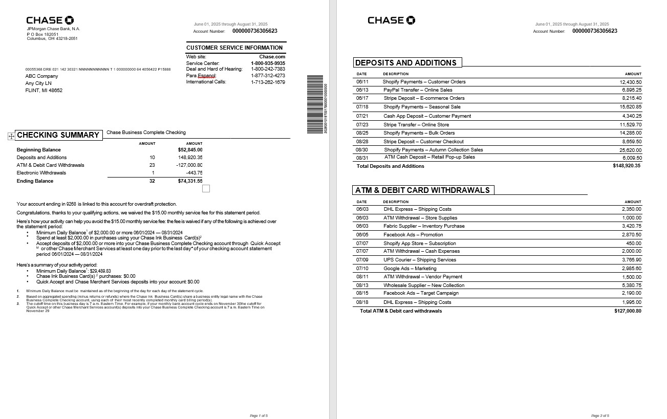 Relevé bancaire professionnel USA Chase 5 pages, format Word et PDF